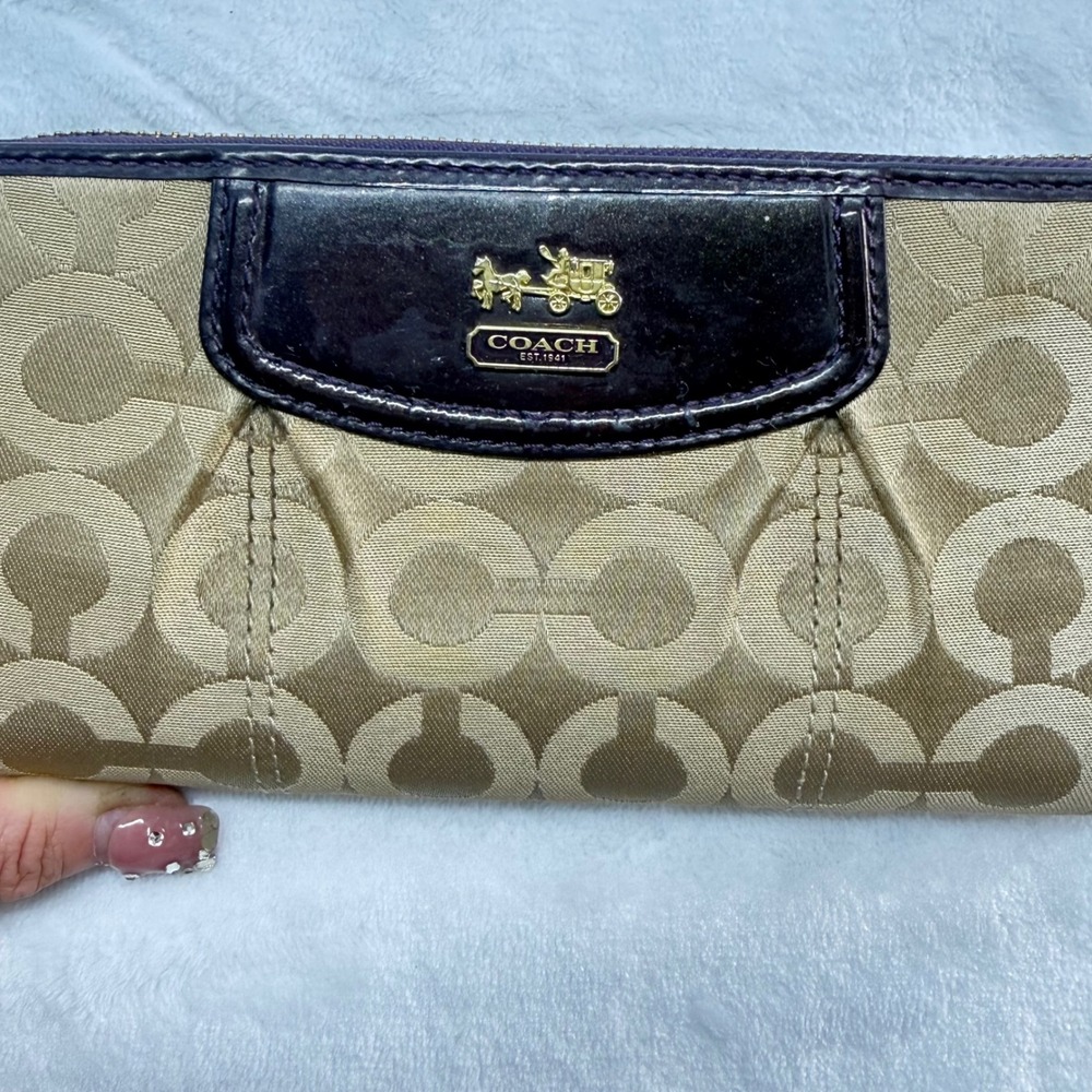 Coach Signature Leather Trim Zip Around Accordion Wallet Brown W Leather Accents